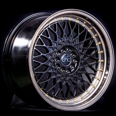 JNC JNC031 18x9.5 +35mm Matte Black with Machined Bronze Lip and Gold Rivets