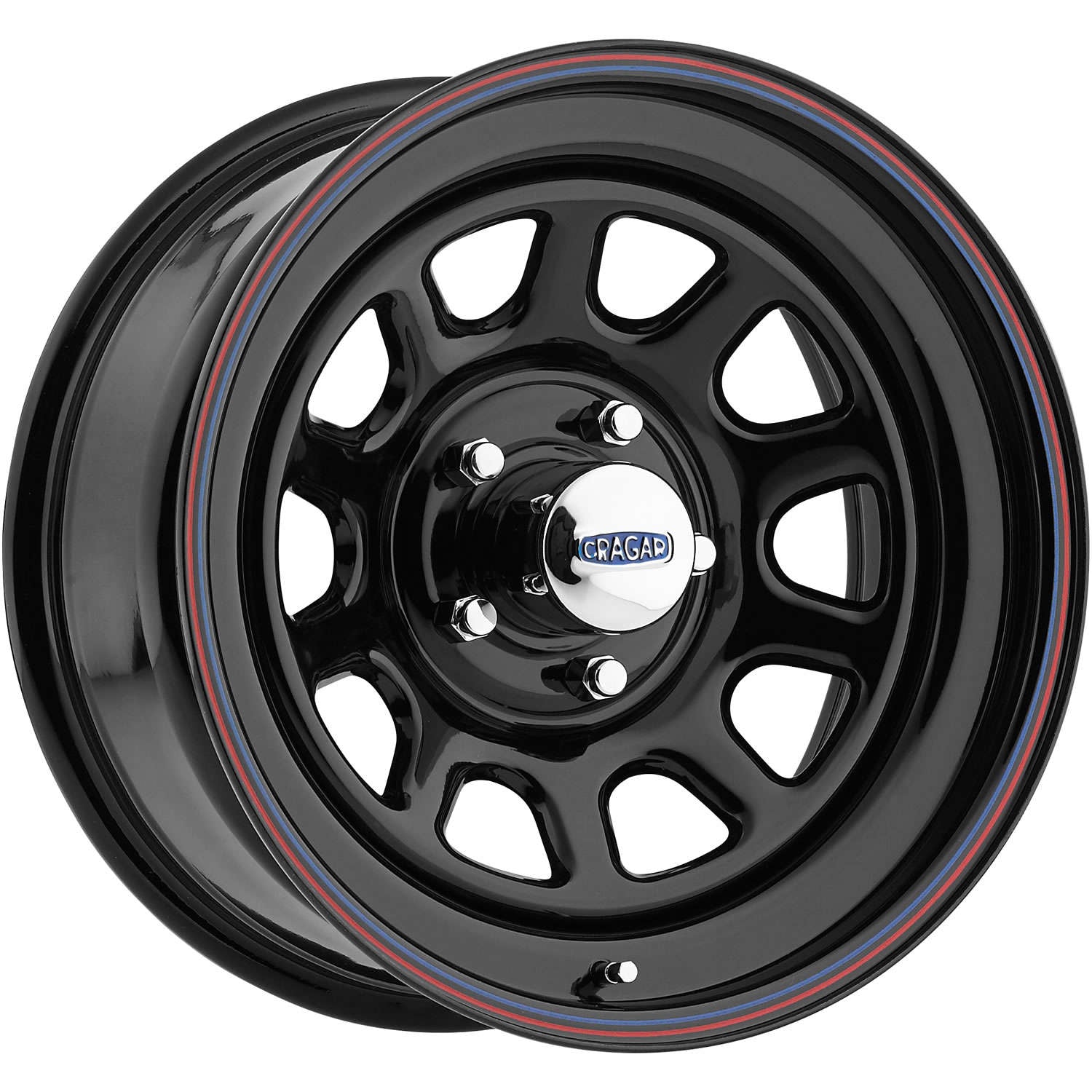 Cragar 342 Gloss Black with Red and Blue Lip Accent Stripes