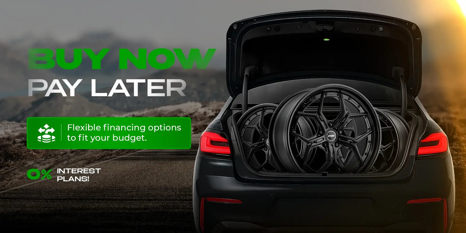 Aftermarket wheels and tires displayed on modified vehicles