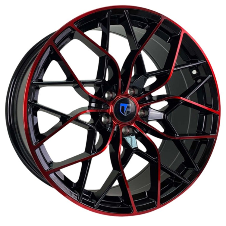 Truform TF-106 Gloss Black with Red Machined Spoke Faces and Lip Wheel