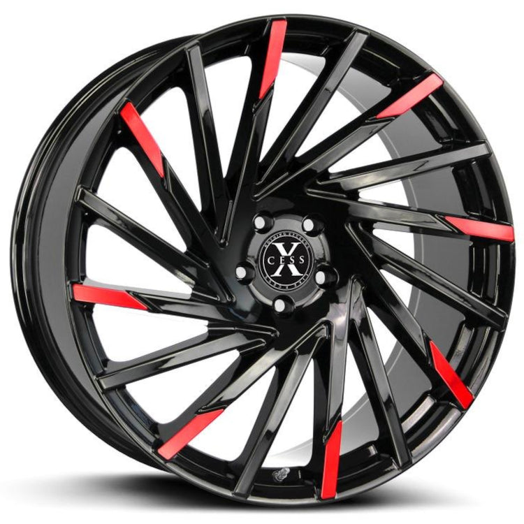 Xcess X02 Gloss Black with Red Machined Spoke Tips Wheel